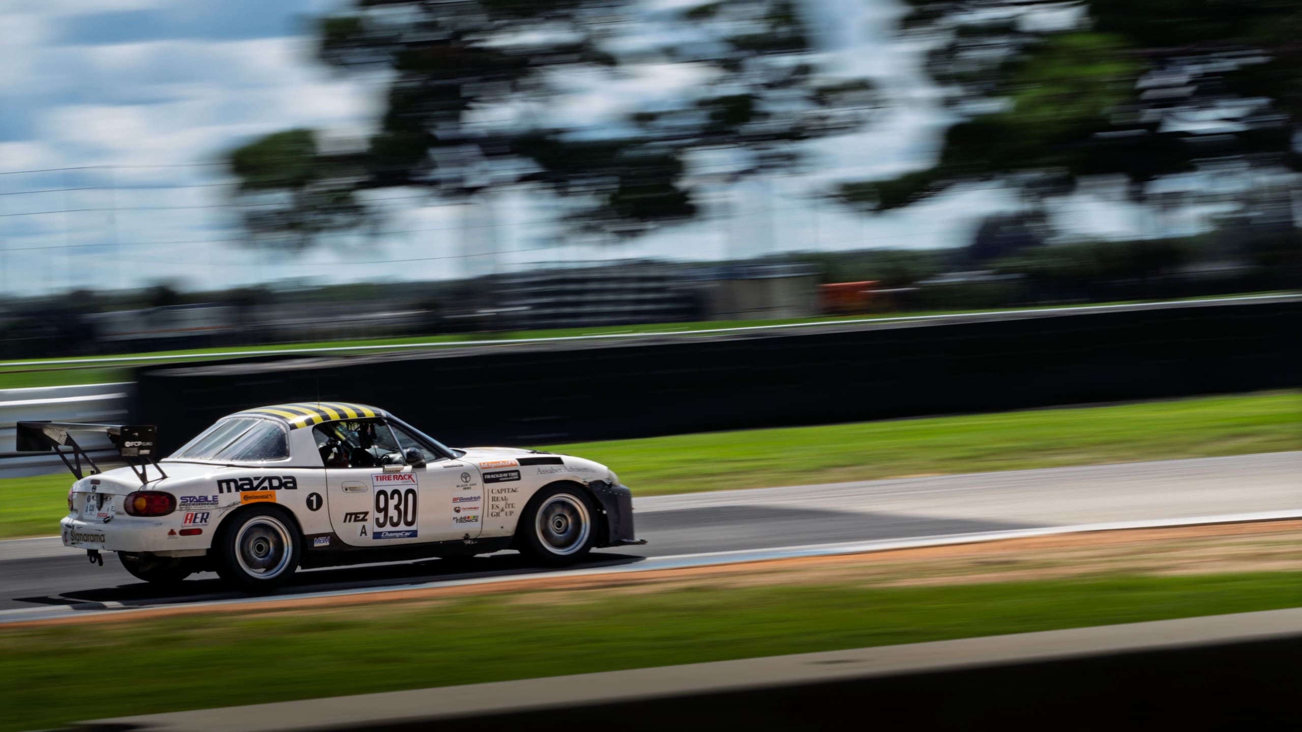 The #930 at speed on the Sebring circuit.
