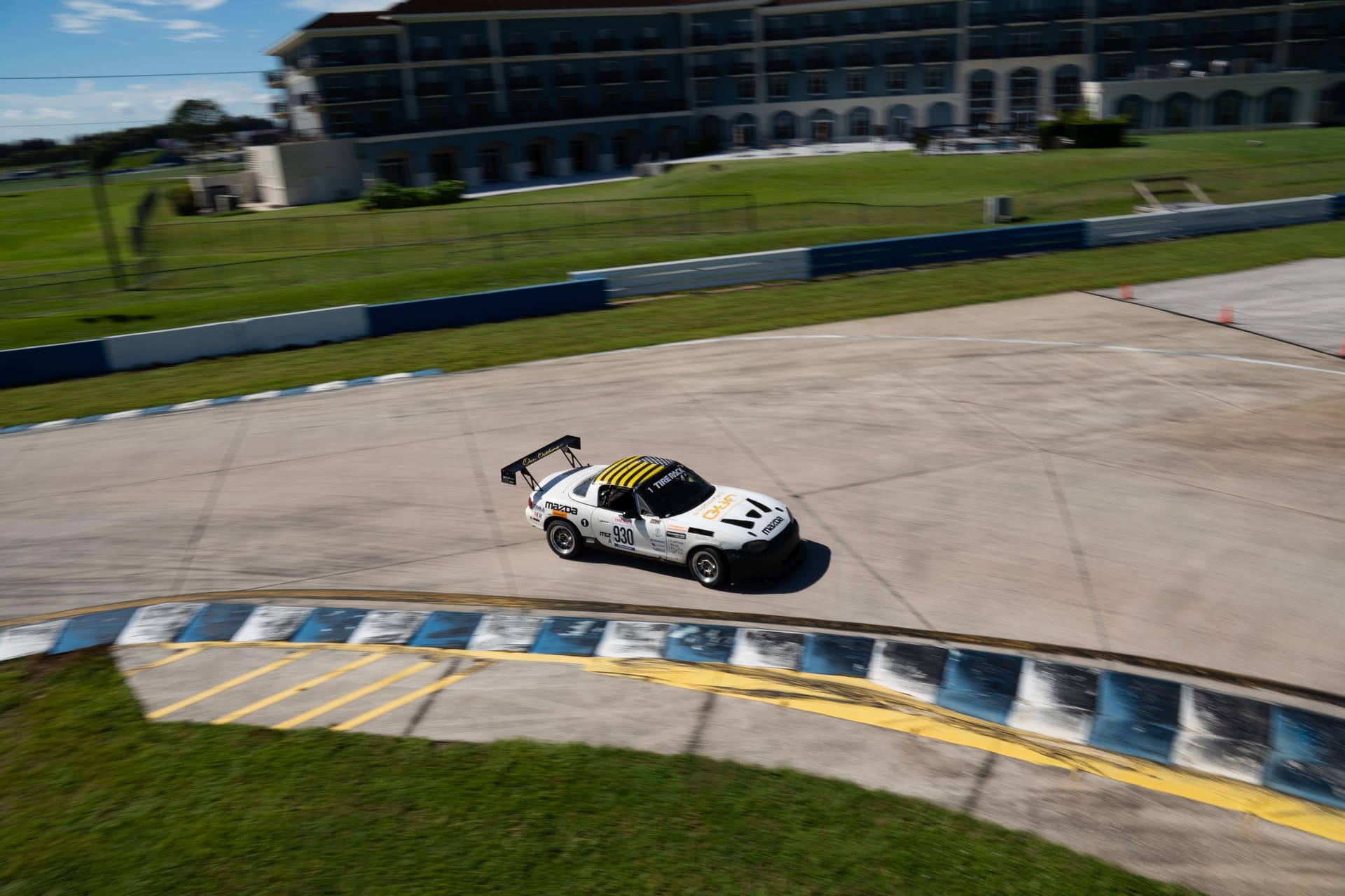 Overhead view of the car turning in at Sebring.